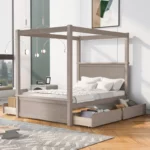 Full Size Luxe Canopy Bed with Storage Drawers: Effortless Elegance in Brushed Light Brown