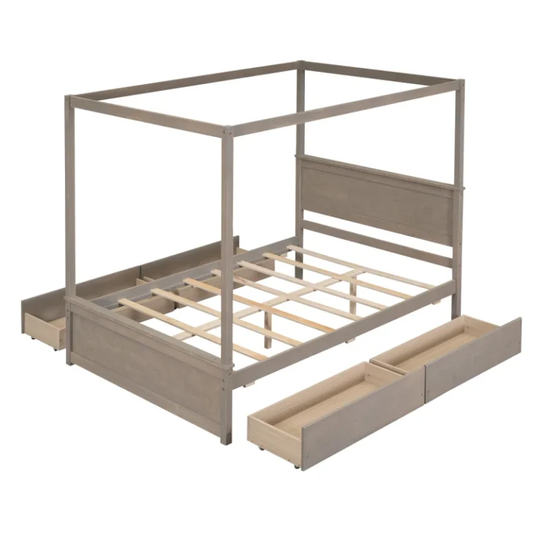 Full Size Luxe Canopy Bed with Storage Drawers: Effortless Elegance in Brushed Light Brown - Image 4